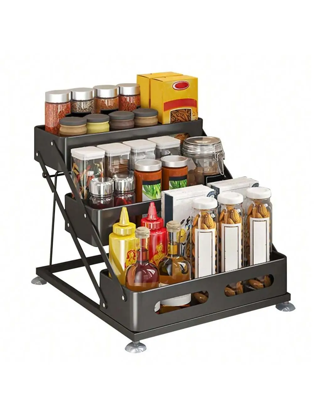 3-Tier Triangular Carbon Steel Spice Rack - Sturdy, Painted, Adjustable-Height Kitchen Seasoning Organizer with Suction Cups, High-Temperature Baking Paint Finish for Cabinet Storage