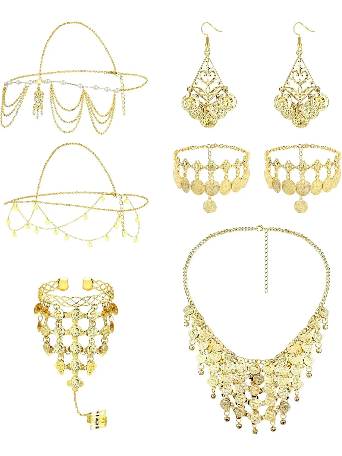 6 Pcs Belly Dance Jewelry Set for Women Gold Plated Sequins Head Chains Vintage Coins Veil Necklace Boho Earrings Bracelets Anklet Indian Style Body Dance Play Accessories Halloween Carnival Cosplay