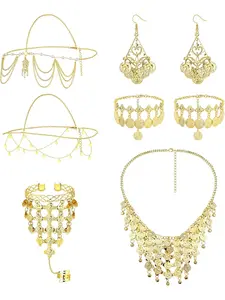6 Pcs Belly Dance Jewelry Set for Women Gold Plated Sequins Head Chains Vintage Coins Veil Necklace Boho Earrings Bracelets Anklet Indian Style Body Dance Play Accessories Halloween Carnival Cosplay