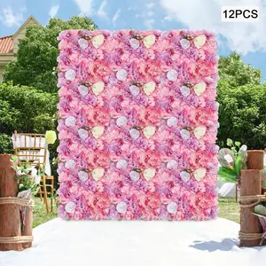 Flower Wall Backdrop, 12pcs 15x15 Inch Floral Wall Panel, Artificial Floral Wall Decor Ideal For Wedding Celebrations, Festive Party, Backdrops And Home Decor(White/White+Purple/Pink+Champagne/Pink+White/Pink+Purple)
