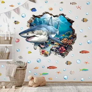 3D Effect Shark Waterproof Decorative Wall Sticker, Summer Ocean Animal Decor, PVC Material, Kids Room Decoration, Home Window Decal