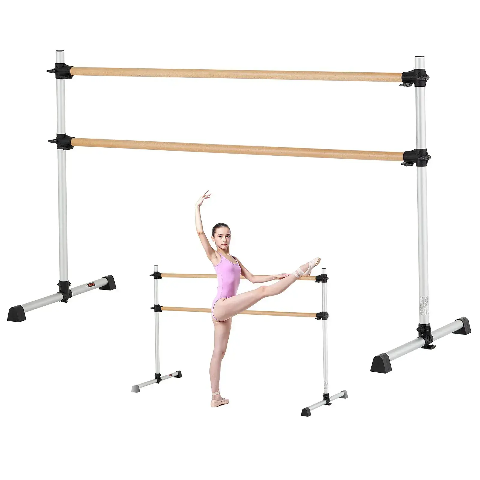6 Ft Double Freestanding Beechwood Ballet Barre - Portable Height-Adjustable Dance Stretch Bar, Anti-Wobble Heavy-Duty Aluminum Frame, 300LBS Load Capacity, Non-Slip Floor Pads, Home Use for Ballet Practice, Pilates