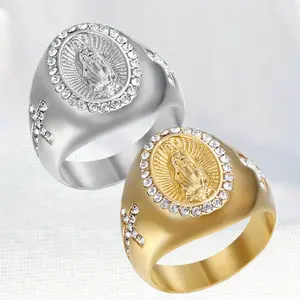 1pc Retro Synthetic Zircon Cross Maria Pattern Stainless Steel Men's Ring Suitable As Thanksgiving and Easter Jewelry Gift