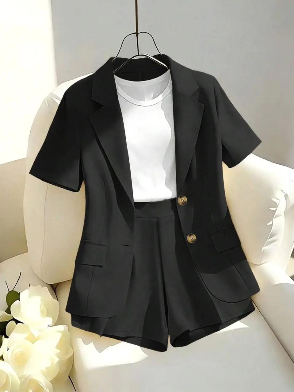 Women's Yellow Blazer Set, Short Sleeve Jacket with Shorts or Wide Leg Pants, Business Casual Office Suit, Spring Summer Commuter, Smart Casual Outfit