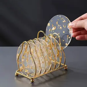 6pcs Golden Foil Acrylic Coasters - Luxurious Heatproof Mats for Tea Cups - Stylish Round Shaped Tabletop Protection Home Decor Set Tableware Silicone