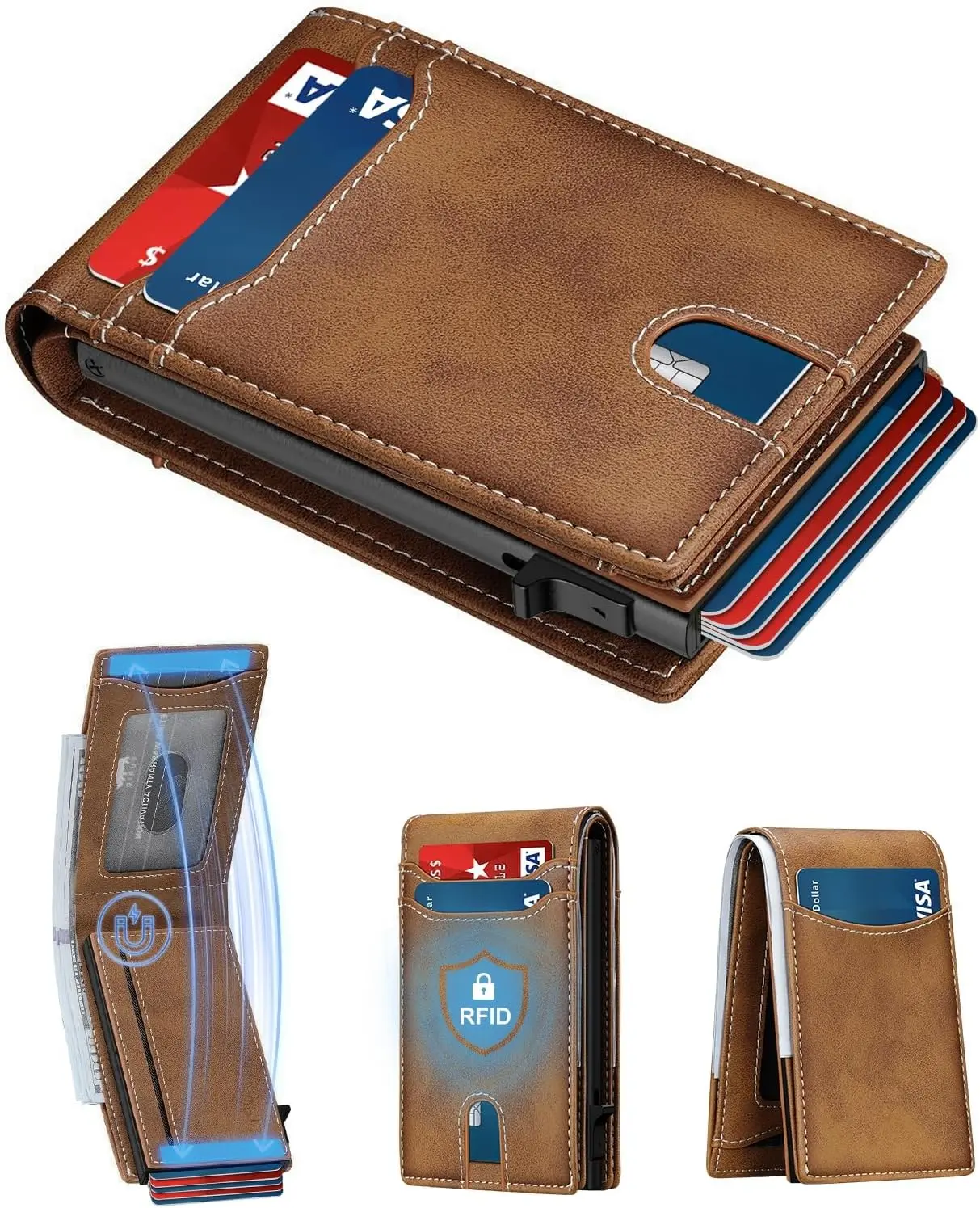 Card Wallet For Men Slim: Smart Rfid Minimalist Front Pocket Pop Up Wallet with ID Window - Gifts for Husband Father at Birthday Anniversary |   Compact Leather Card Holder with ID Window - Gifts Boxed for Husband Father at Birthday Anniversary