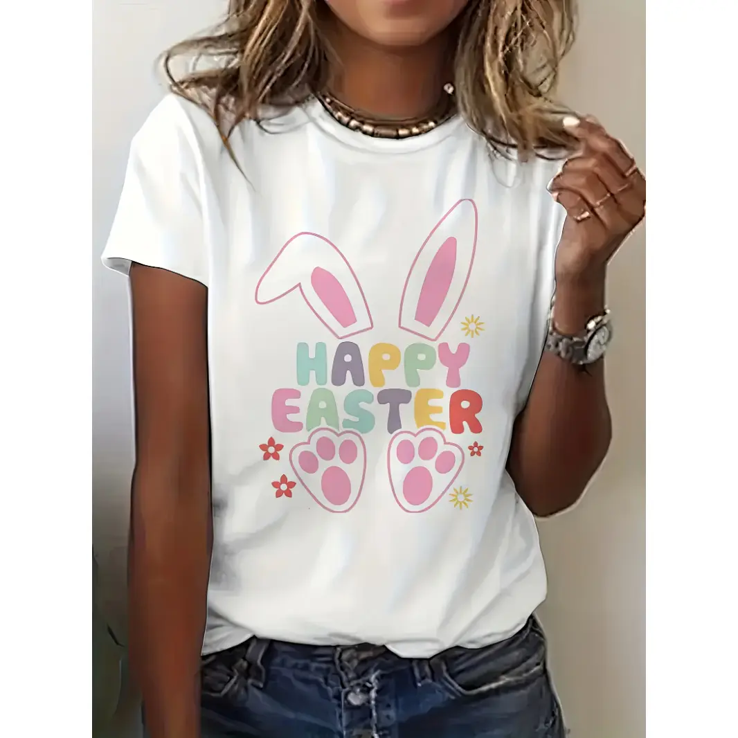 Women's Fitted Cotton Graphic T-Shirt - Short-Sleeve Crewneck, Happy Easter Bunny Ears & Paw Print, Casual Pastel Spring Holiday Streetwear Outfit Top, Shortsleeve, Tshirt