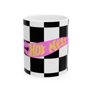 11oz Glossy Ceramic Reusable Coffee Cup - Printed Retro Pink and Yellow Script, Black and White Checkerboard Tiles, Washable for Hot Drinks