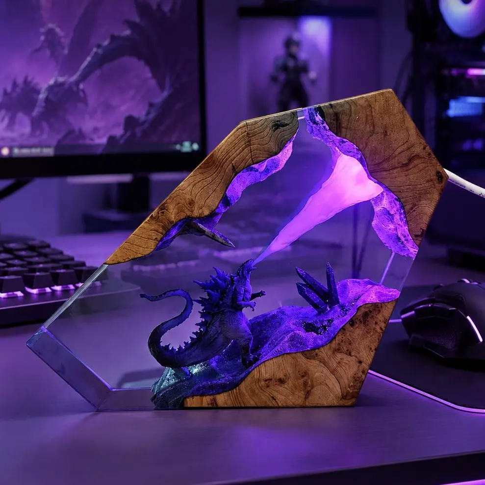 Godzilla Atomic Breath Resin Lamp LED Glow Effect 3D Atomic Breath Diorama Night Light, PC Gaming Setup Decor, Gamer Room Accessory, Man Bedroom Ambient Lighting, Cool Gamer Gift, Godzilla Kaiju Collectible for Game Room Desktop