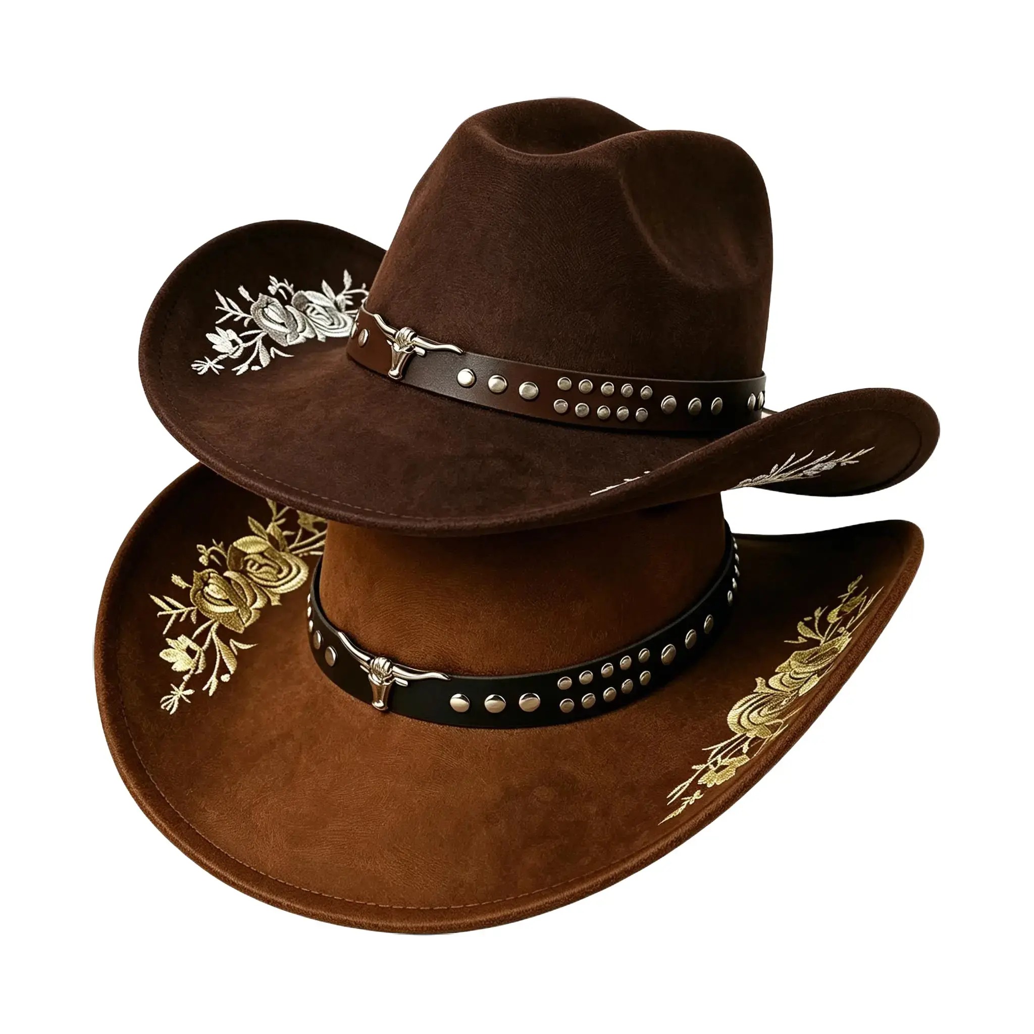 Faux Suede Western Cowboy Hat for Men Women, Rose Floral Embroidery Rivet Leather Band Bull Metal Badge Bendable Wide Brim Rodeo Hat with Anti-Wind Chin Strap Country Concert Beach Costume Hat