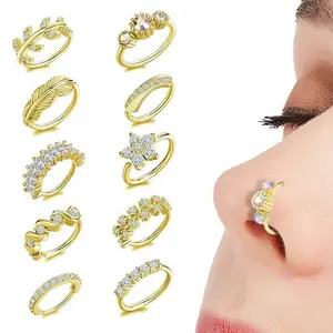 10 PCS of nose rings inlaid with flower leaves, feather cartilage earrings, nose hole jewelry, women's and men's gold tone