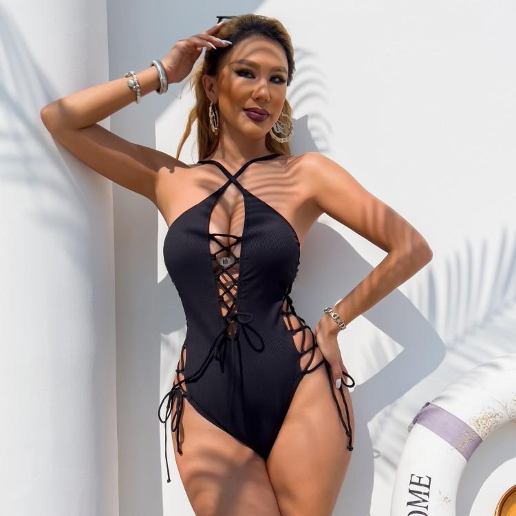 Women's European-American Backless Cut Concave Stripe 1-Piece Swimsuit, Female Outdoor Swimwear with Standard Sizes for Beach Sports, Polyester