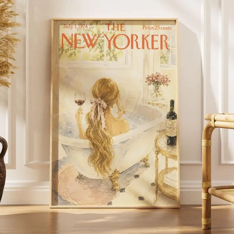 Vintage New Yorker Bathtub Poster, Cozy Bath Print
