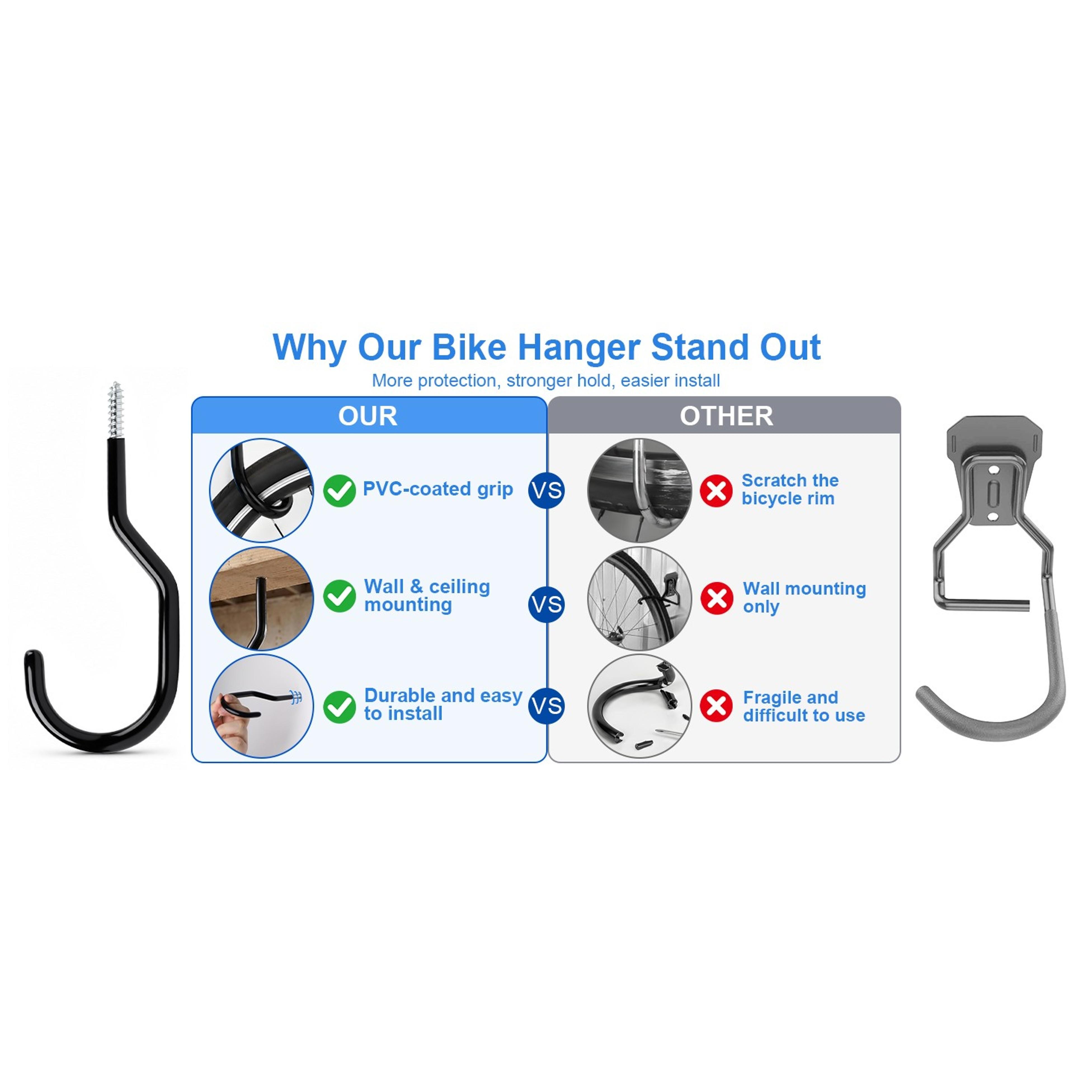 Heavy Duty Bike Hooks for Garage Wall Ceiling Mount, 100lbs Capacity Carbon Steel Bicycle Hangers with Anchors, Wide Opening Utility Storage Hooks for Mountain Road Bike Ladder 2 Pack