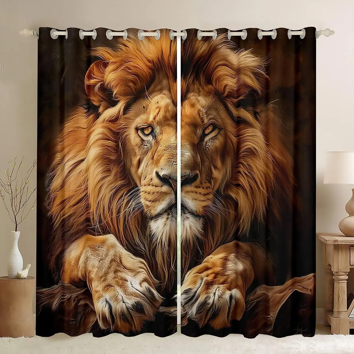 3D Lion Curtains Lion Animal Print Window Curtains Bedroom Living Room Washed Microfiber Window Treatments Jungle Theme Grommet Curtain,,2 Panels