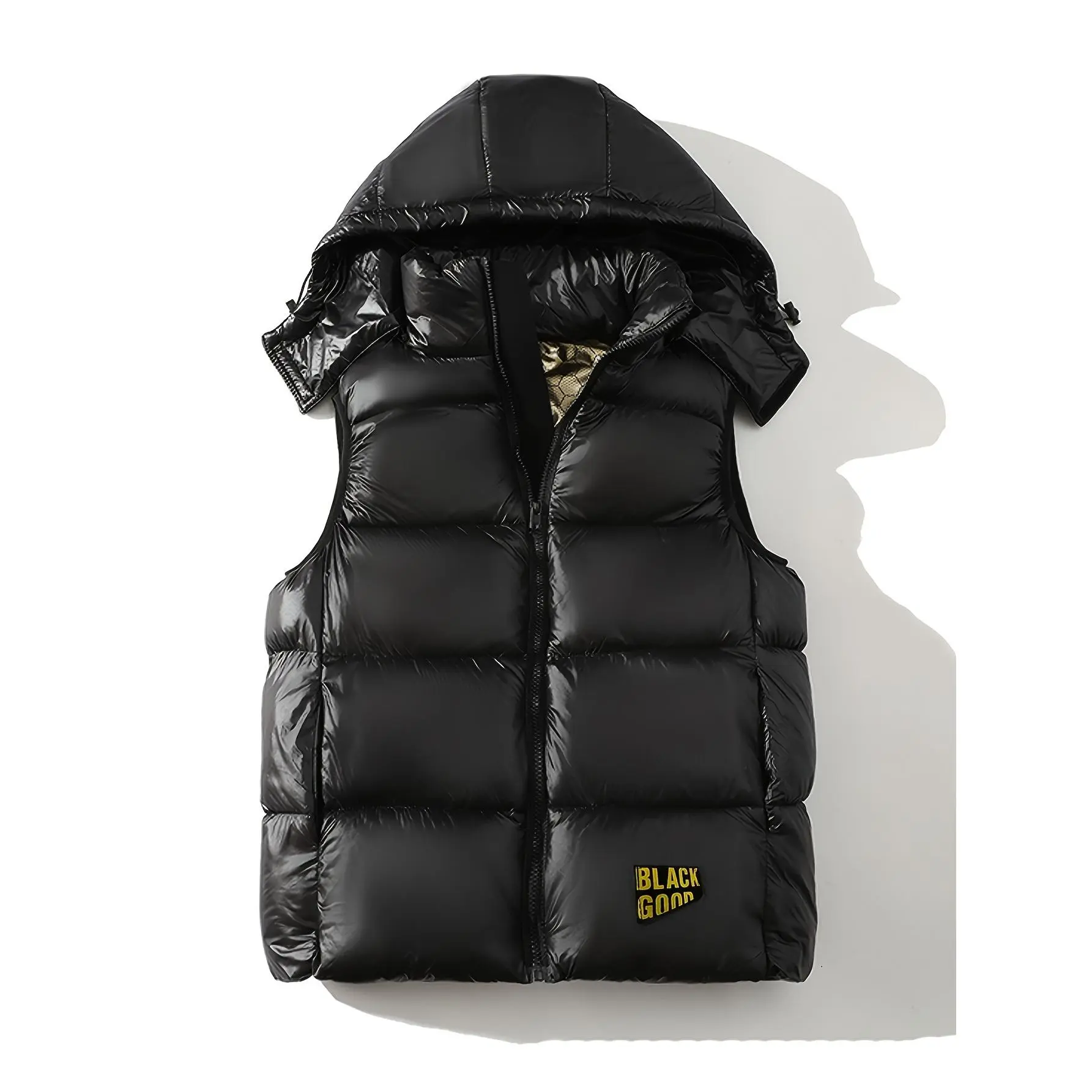 Men's 100% Polyester Oversize Zip-Up Vest - Hooded, Sleeveless, Stand Collar Menswear Gilet for Outdoor Sports, Daily Wear (Black Golden), Male