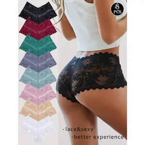 8 Pcs,Romantic-Floral,Stretch,Plain ,Mid Rise ,Boyshorts Panties For Women