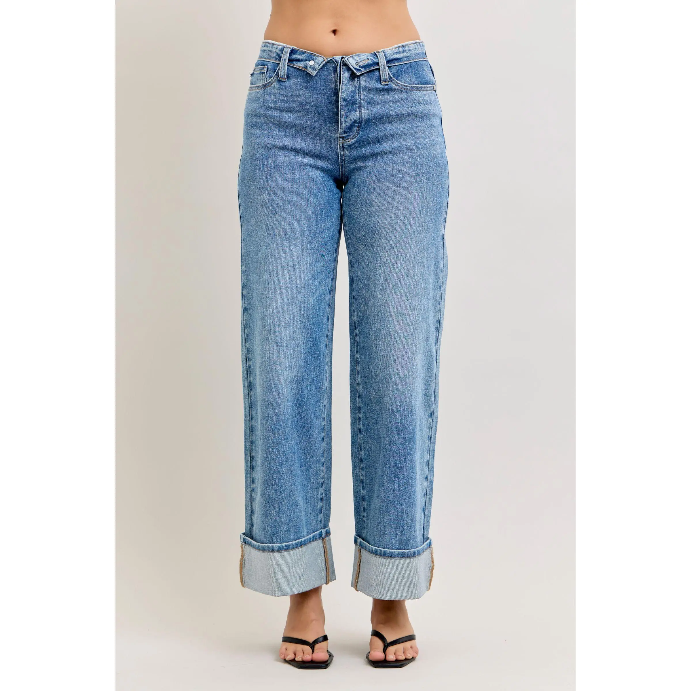 Judy Blue Women's Fold-Over Waistband Jeans - Mid Rise Straight Leg Style in a Casual Fit Cotton Stretch Denim, Cuffed Hem Bottoms, 14W, Medium Wash Denim, Fold-Over Band, Mid Waist, Regular Plus, 16W, Spandex, 22W, 24W
