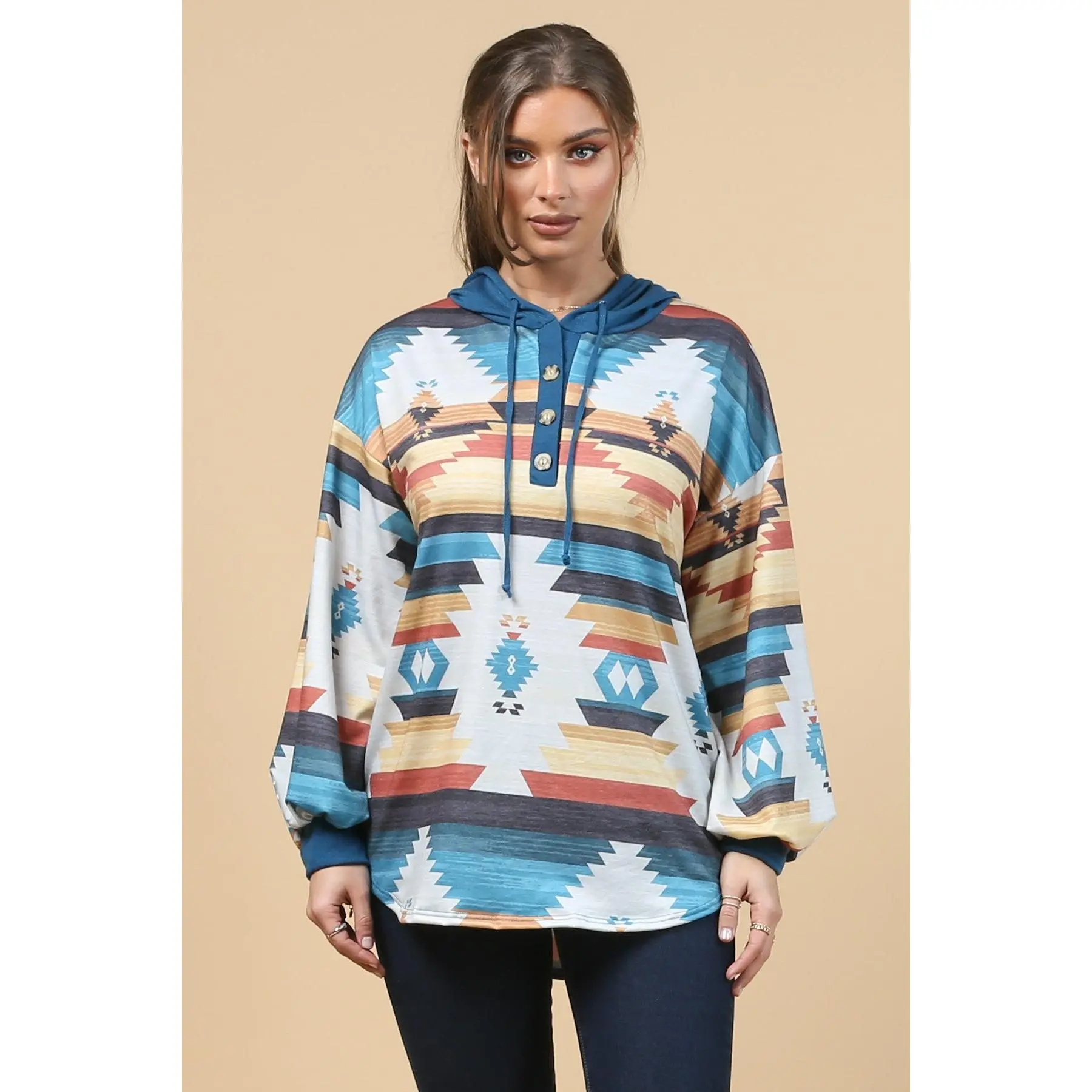 Women's Blue Mountain Turquoise Aztec Casual Hoodie - Lightweight, Spandex-Blend, Made in America