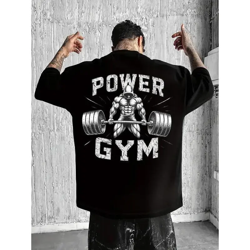 NEW Men's "Power Gym" Bodybuilding T-Shirt, Oversized Black Weightlifting Tee - Flexible, Breathable, Long Loose-Fitting, Durable Print Technology - Great Deal zzw06, Male, Minimal Artistic Printed, Round Neck, Extended Length
