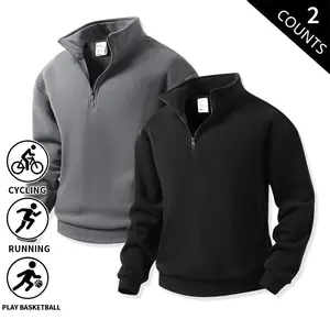 2-Pack Men’s Quarter Zip Pullover Sweatshirt, Stand Collar, Long Sleeve, Loose Fit, Athletic Top, Breathable, Casual Workout/Running/Basketball/Cycling, Outdoor Sweater for Fall/Winter