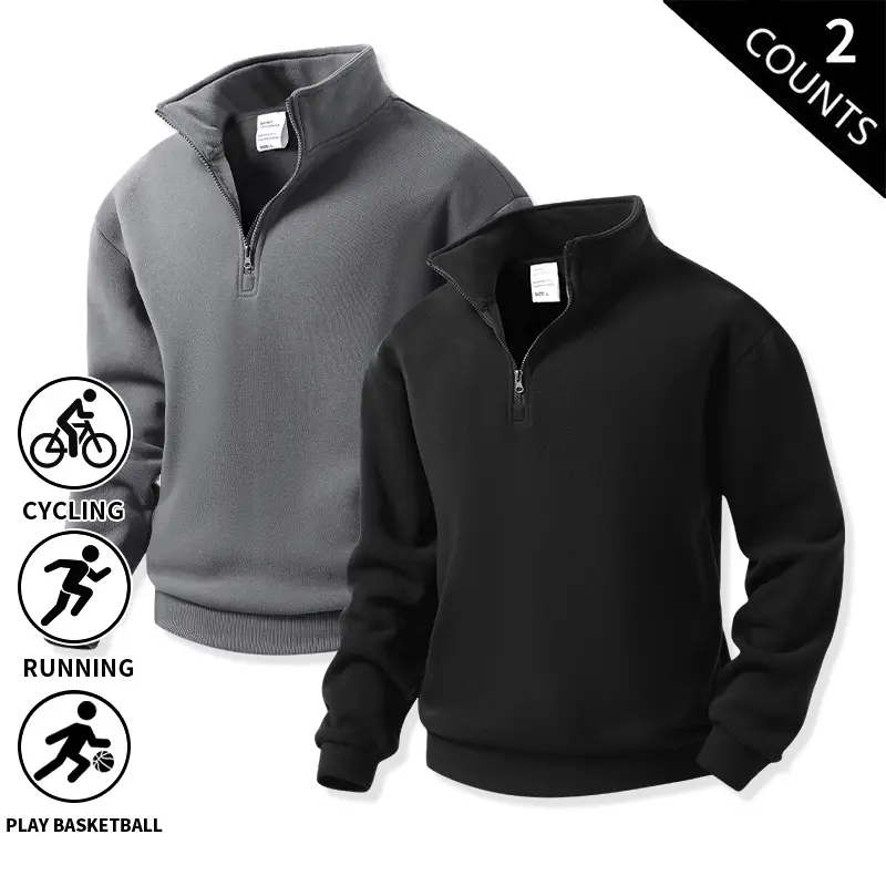 2-Pack Men’s Quarter Zip Pullover Sweatshirt, Stand Collar, Long Sleeve, Loose Fit, Athletic Top, Breathable, Casual Workout/Running/Basketball/Cycling, Outdoor Sweater for Fall/Winter