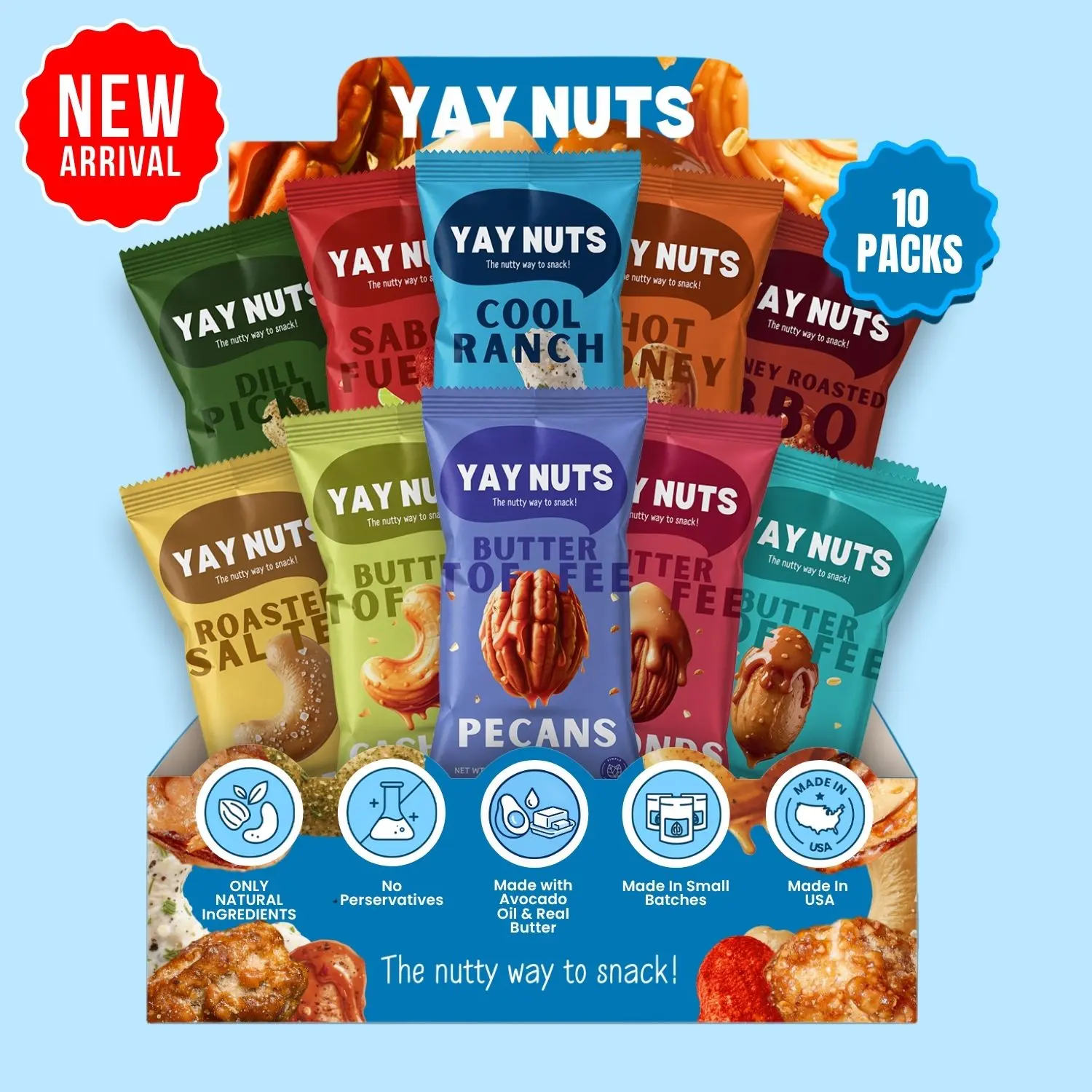 Yay Nuts Variety Pack, 10 Flavored Nut Snack Packs, Cashews, Almonds, Pecans & Peanuts, Made with Avocado Oil & Real Butter, No Seed Oils, 1 oz Each
