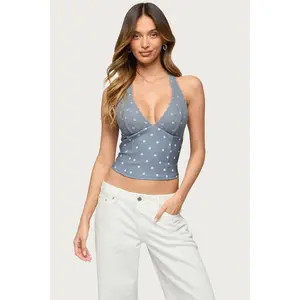 Lacey Polka Dot Lace Up Halter Top