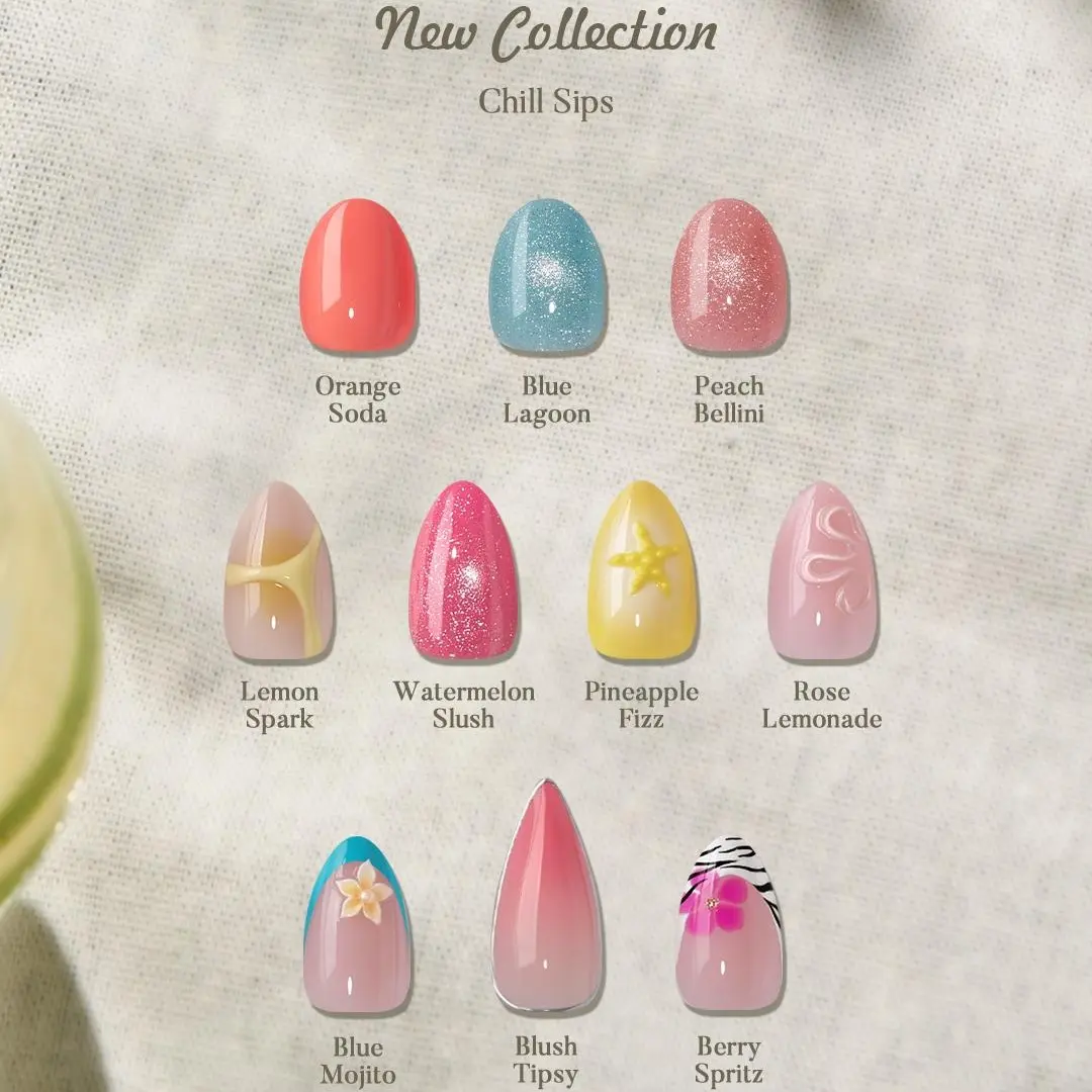 [Buy 1 Get 1 Free Glue]BTArtbox Press On Nails Short - Chill Sips, Easy-to-Apply 3D Almond Stiletto Summer Cat Eye Press On Nails with Glue and Adhesive Tabs in 16 Sizes - 32 Nails All-in-One Kit, Summer Holiday