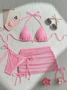 Women's 3 Piece Vacation Casual Bikini Set, Fishing Net Camisole Tie Swim Top, Triangle Top & Bottom with Sheer Mesh Skirt Cover Up, Perfect for Beach Summer Leisure