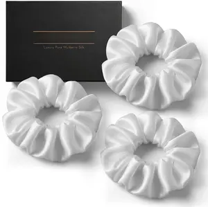 Pure 22 Momme Mulberry Silk Scrunchies (Set of 3) | Highest grade (6A) Luxury Hair Ties| (Black,White,) | (White, Standard)