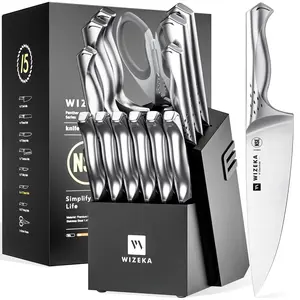 WIZEKA Jaguar Series Kitchen Knife Set with Block, Dishwasher Safe 15 Pcs Professional Chef Knife Set with Knife Sharpener, Food Grade German Stainless Steel Knife Block Set Gift for men Steak knife cooking knives Kitchen Knives kitchen accessories