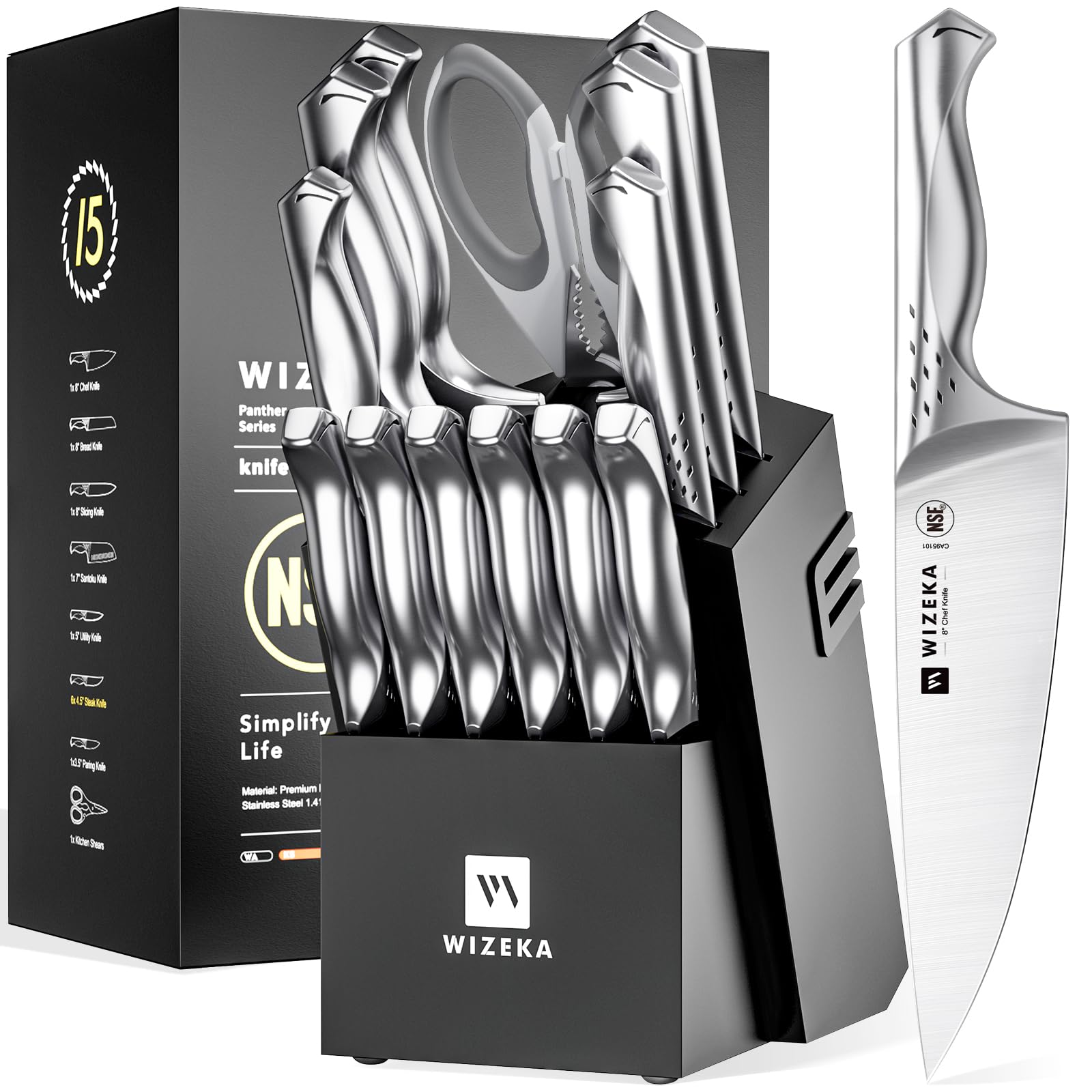 WIZEKA Jaguar Series Kitchen Knife Set with Block, Dishwasher Safe 15 Pcs Professional Chef Knife Set with Knife Sharpen