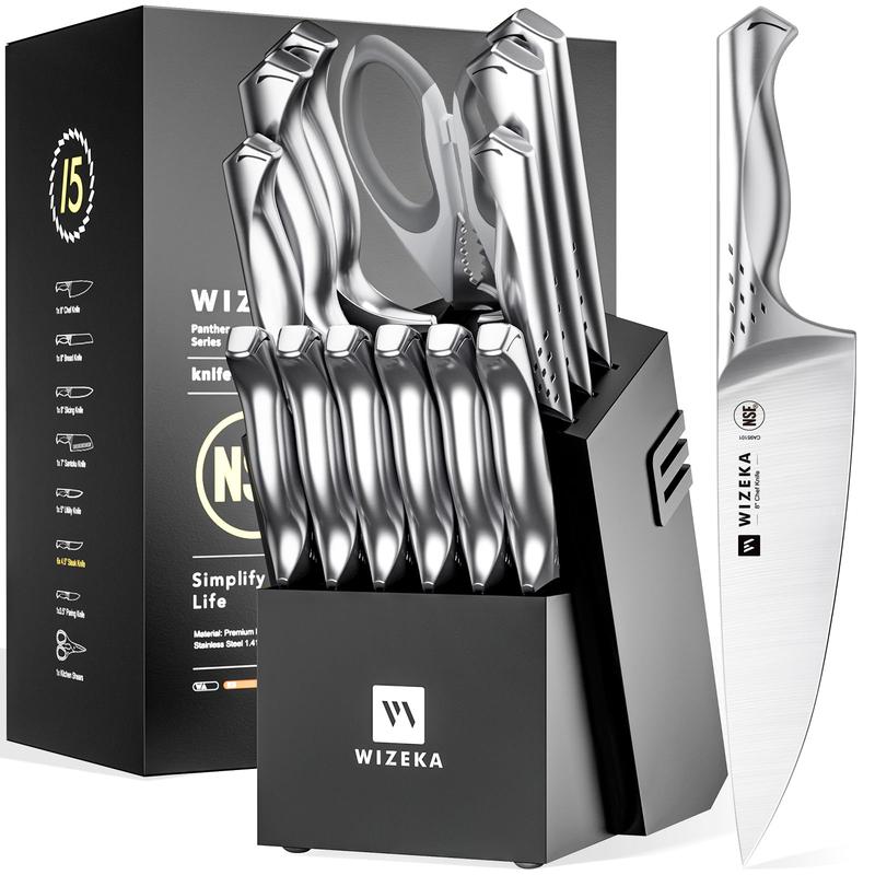 WIZEKA Jaguar Series Kitchen Knife Set with Block, Dishwasher Safe 15 Pcs Professional Chef Knife Set with Knife Sharpener, Food Grade German Stainless Steel Knife Block Set Gift for men Steak knife cooking knives Kitchen Knives kitchen accessories