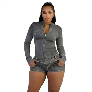 2026-2027-Women Set Spring Autumn Fashion Long Sleeved Stretch Denim Crop Jacket And Short Jeans Casual Two Piece Set Women Jacket Set Clothes Suits Womenswear Gamis Comfort
