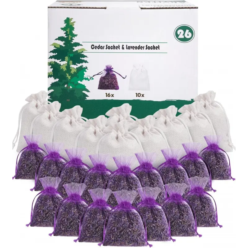1 Count (Pack of 26) Eco-Friendly Dried Herbs Scent Freshener Sachets - Non-Toxic, Natural Ingredients, Small Size, Cedar Chips & Lavender in Breathable Bags, All Seasons Home Fragrance Pest Repellent for Drawers, Closets, Bookshelves