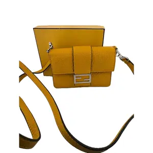 Pre-owned FENDI Grained Leather Mini Bags Micro Crossbody Wallet in Mustard Yellow with Adjustable Strap