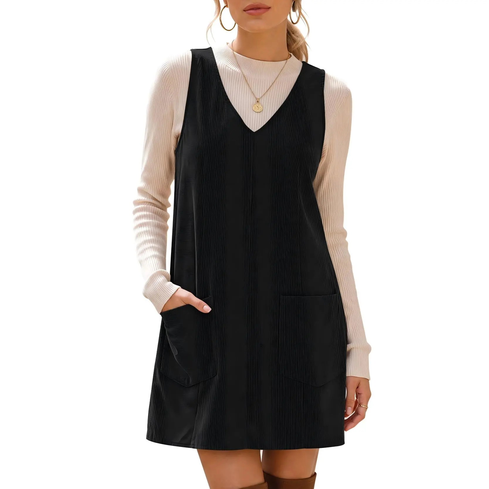AUSELILY Women's Autumn Corduroy Pinafore V-Neck Dress - Soft A-Line Sleeveless Casual Mini Dress with Pocket