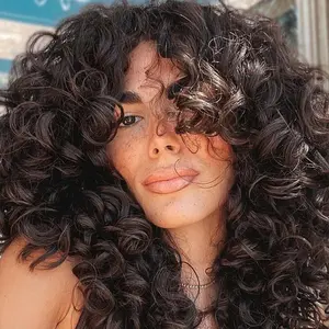 Curly Wig with Bangs, Synthetic Long Curly Wigs for Women, Glueless Full Machine Wear and Go Wig, Perfect for Daily & Party Use.