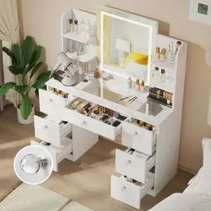Modern Makeup Vanity Table Set with Glass Top 3 Color LED Lighted Mirror 7 Drawers & Power Strip 43.3x16x55 InchesPTHA