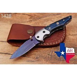Handmade 512-Layer Damascus Steel Folding Pocket Knife with Bone Handle & Leather Sheath