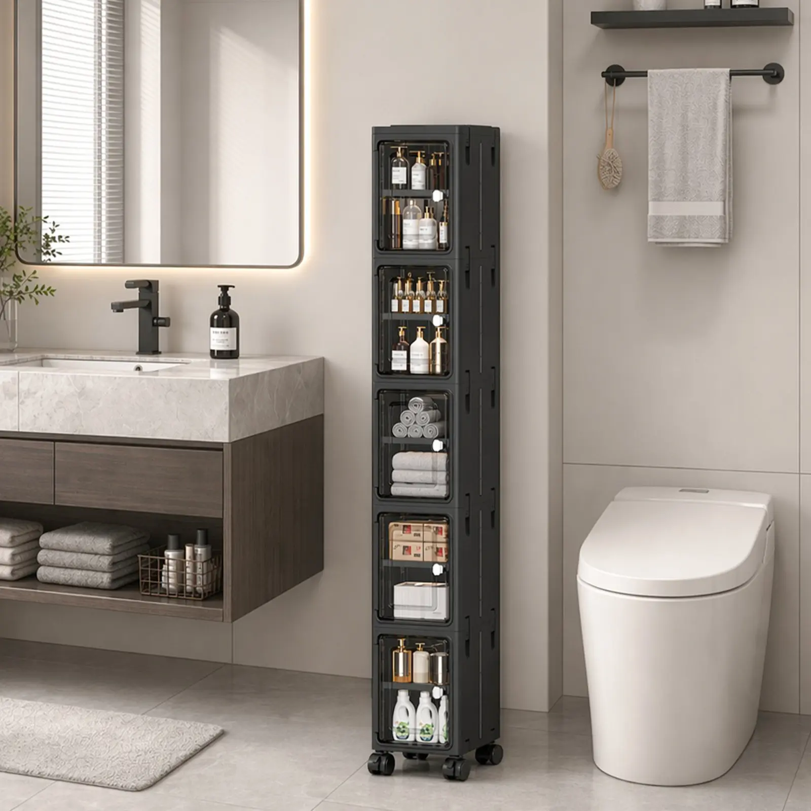 5-Tier Slim Narrow Rolling Storage Cabinet with Wheels & Adjustable Shelves, White Space-Saving Organizer for Bathroom, Kitchen, Laundry & Small Spaces