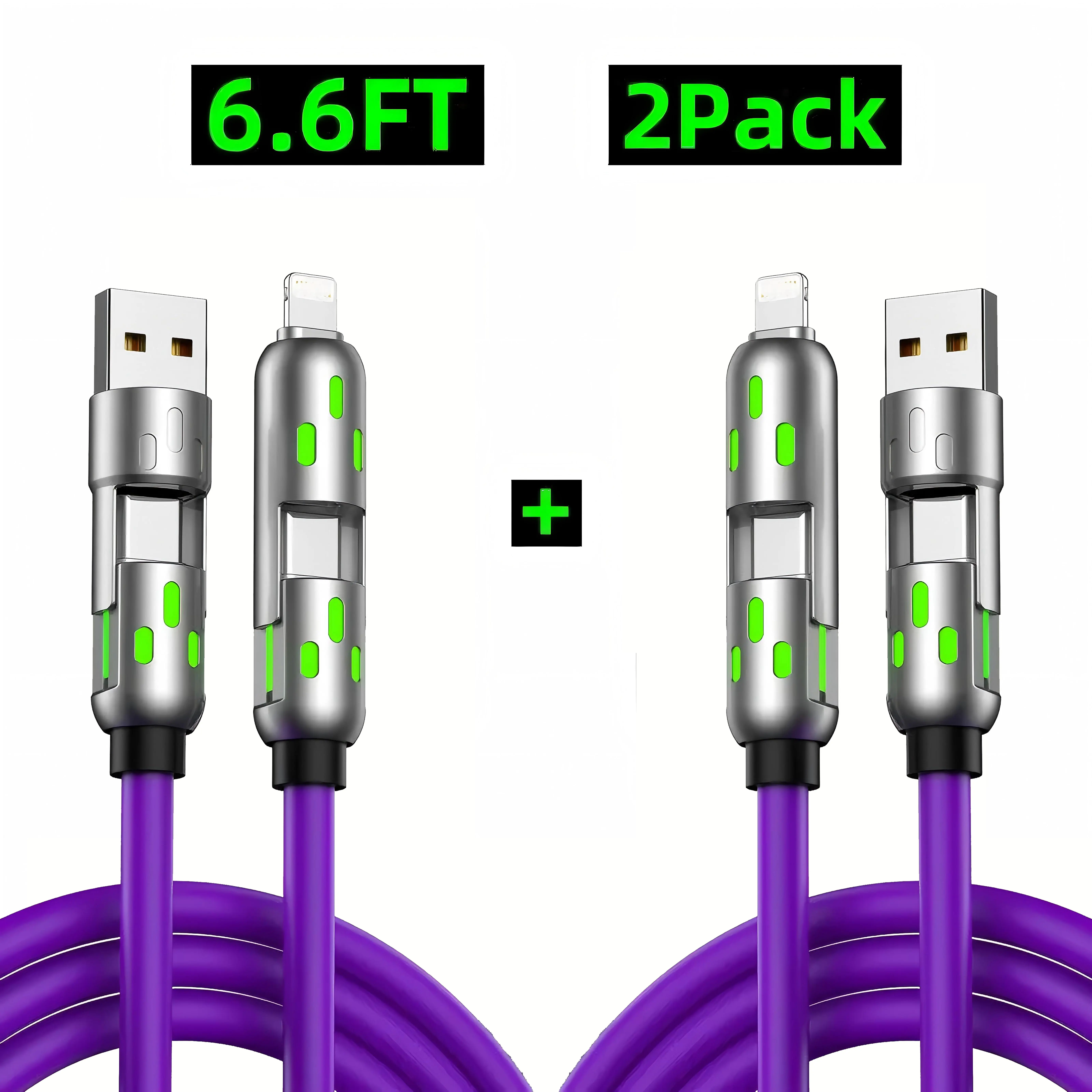 [Buy 1 Get 1 Free] 65W Max Fast Charging Durable 4-in-1 Multi USB Cable (6.6ft), LED Breathing Light Data Sync Cord for iPhone 15/16, iPad Pro & Electronic Mobile Devices with USB A-Lightning-Type C Connection