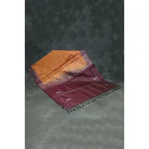 Borderless Banana Pith (Vaazhai Naar) Saree - Fanta Orange & Dark Purple, Small Butta