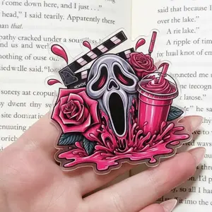 Pink Ghostface Movie Phone Grip - Melting Ghost with Roses and Pink Drink Stand, Aesthetic Gothic Glam Phone Socket for Women, Horror Fan Gift