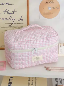 Plaid Makeup Bag, Heart Embroidery Cosmetic Organizer, Foam Quilted Mini Polka Dot Skincare Pouch, Portable Handle Washbag, Large Capacity Brush Case, Travel Cosmetic Bags, Cosmetics Organizer, Makeup Storage Organizer