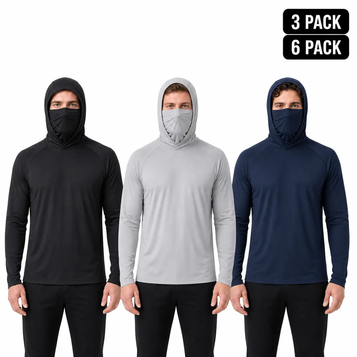 3-Pack or 6-Pack Men's Hooded Work Shirts with Built-In Face Cover, Lightweight Quick-Dry Long Sleeve Fishing Hoodies for Outdoor Work
