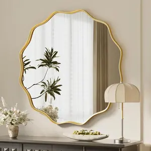 Scalloped Circle Mirror, 30" Wavy Edge Round Wall Mirror with Tempered Glass Textured Circular Metal Deep Frame, Hanging Leaning for Bathroom, Hallway, Entryway, Livng Room