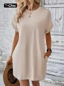 Women's Plain Pocket Batwing Sleeve Tee Dress, Casual Round Neck Roll Up Sleeve Dress for Summer, Fashion Women's Dress Loose