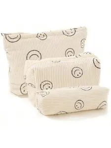 Smiley Corduroy Makeup Bag, Travel Cosmetic Organizer, Skincare Brush Holder, Student Pencil Case, Underwear Socks Storage